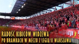 Radość kibiców Widzewa po bramkach w meczu z Legią II Warszawa (14.04.2018 r.)