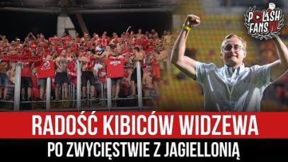 Radość kibiców Widzewa po zwycięstwie z Jagiellonią (22.07.2022 r.)